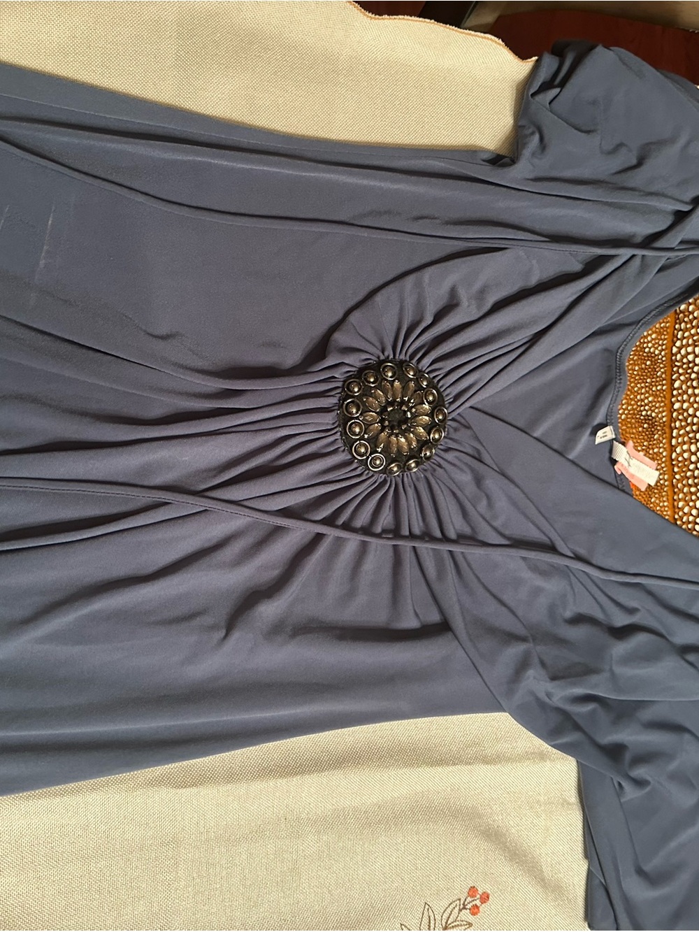 Women's Slate Blue Gathered-top with Decorative Center